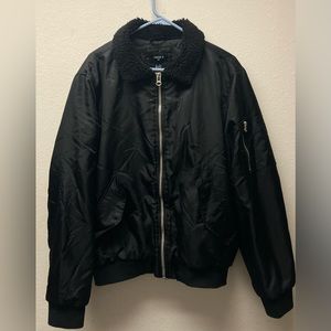 Forever 21 Men Sz XL Black Full Zip Fur Collar Flight Jacket